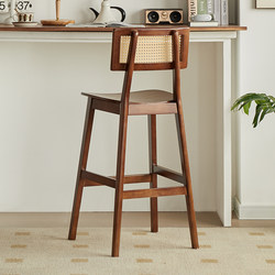 Solid Wood Rattan Bar Stool Nordic Retro Home Island High Stool Vintage Designer Cashier Counter Chair with Backrest