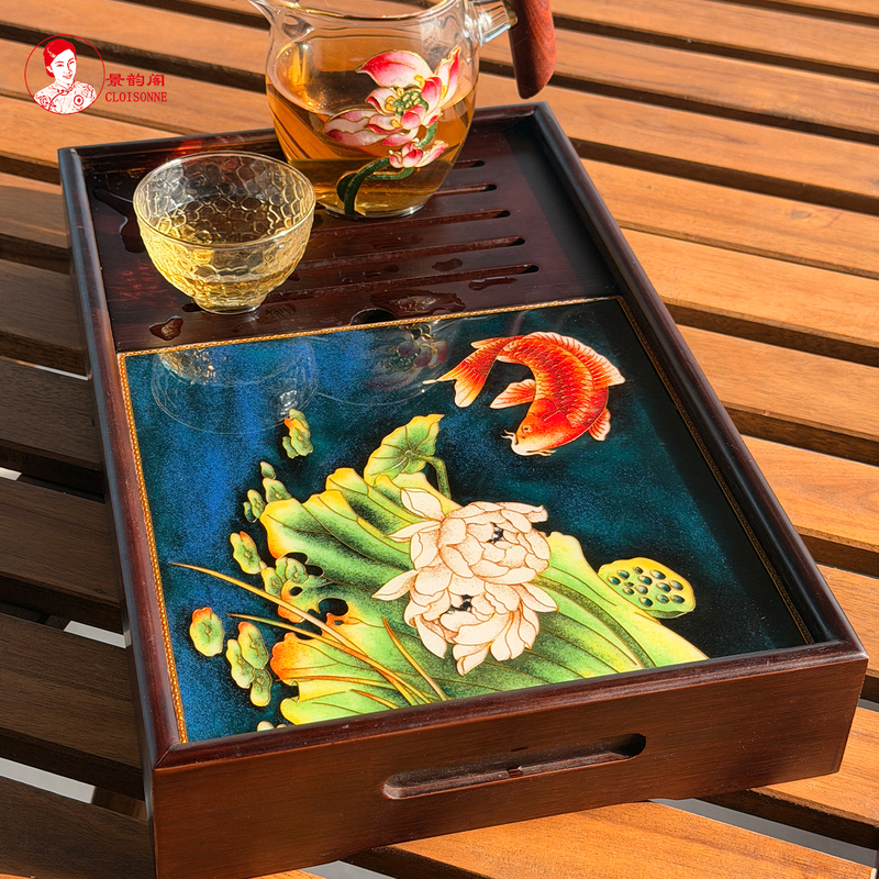 High-End Water-Leaking Tea Tray Jingyun Pavilion Cloisonné Enamel DIY Material Kit, Finished Lotus and Carp with Good Meaning, Souvenir Gift