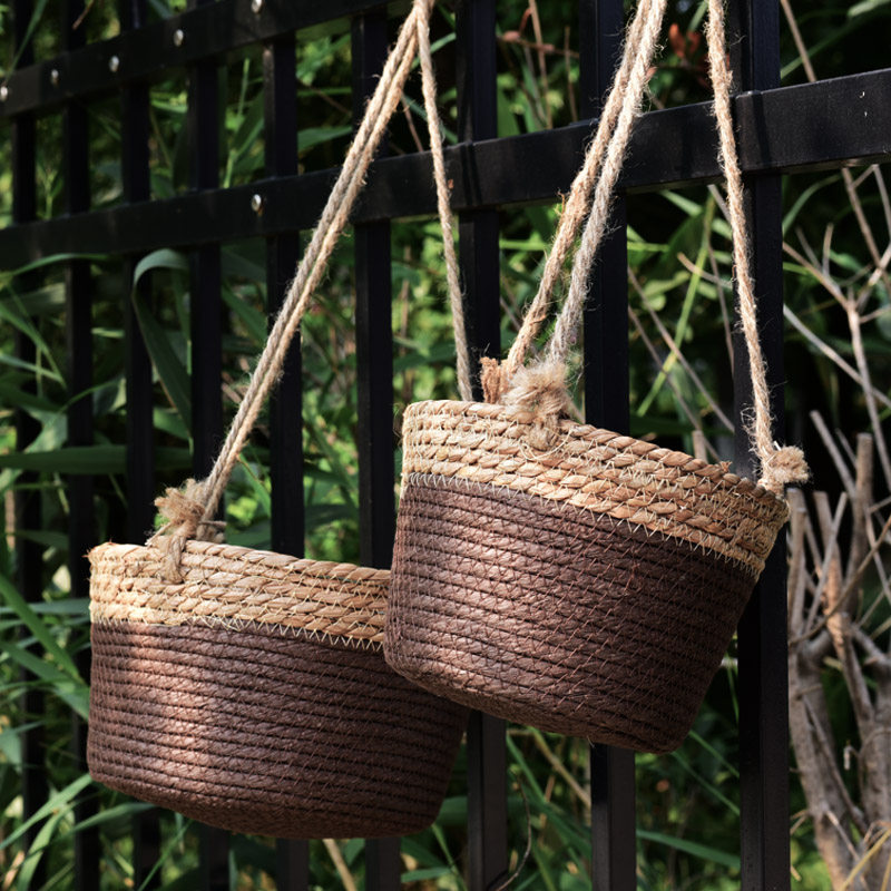 Hanging basket flowerpot rattan gold Ge hanging orchid indoor hanging hanging hanging basin balcony wall hanging creative straw hanging flower basket