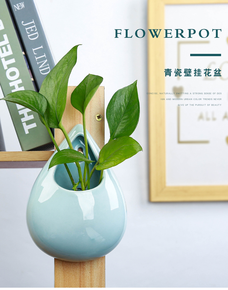 Hanging celadon ceramics flowerpots hydroponic money plant vase wall holing free creative Hanging basket Hanging decorative furnishing articles