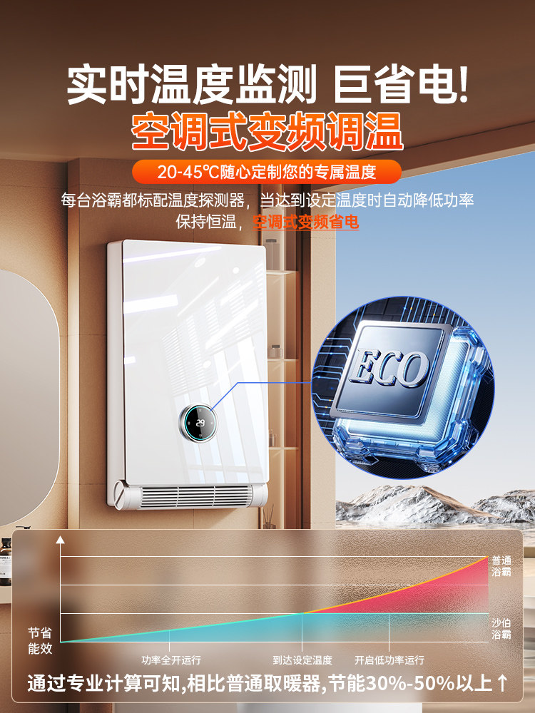 Energy-Saving Bathroom Heater] Wall-Mounted Heater, Bathroom Fan Heater, Air Heating, Waterproof, Drying, Multi-Functional, No Drilling Required