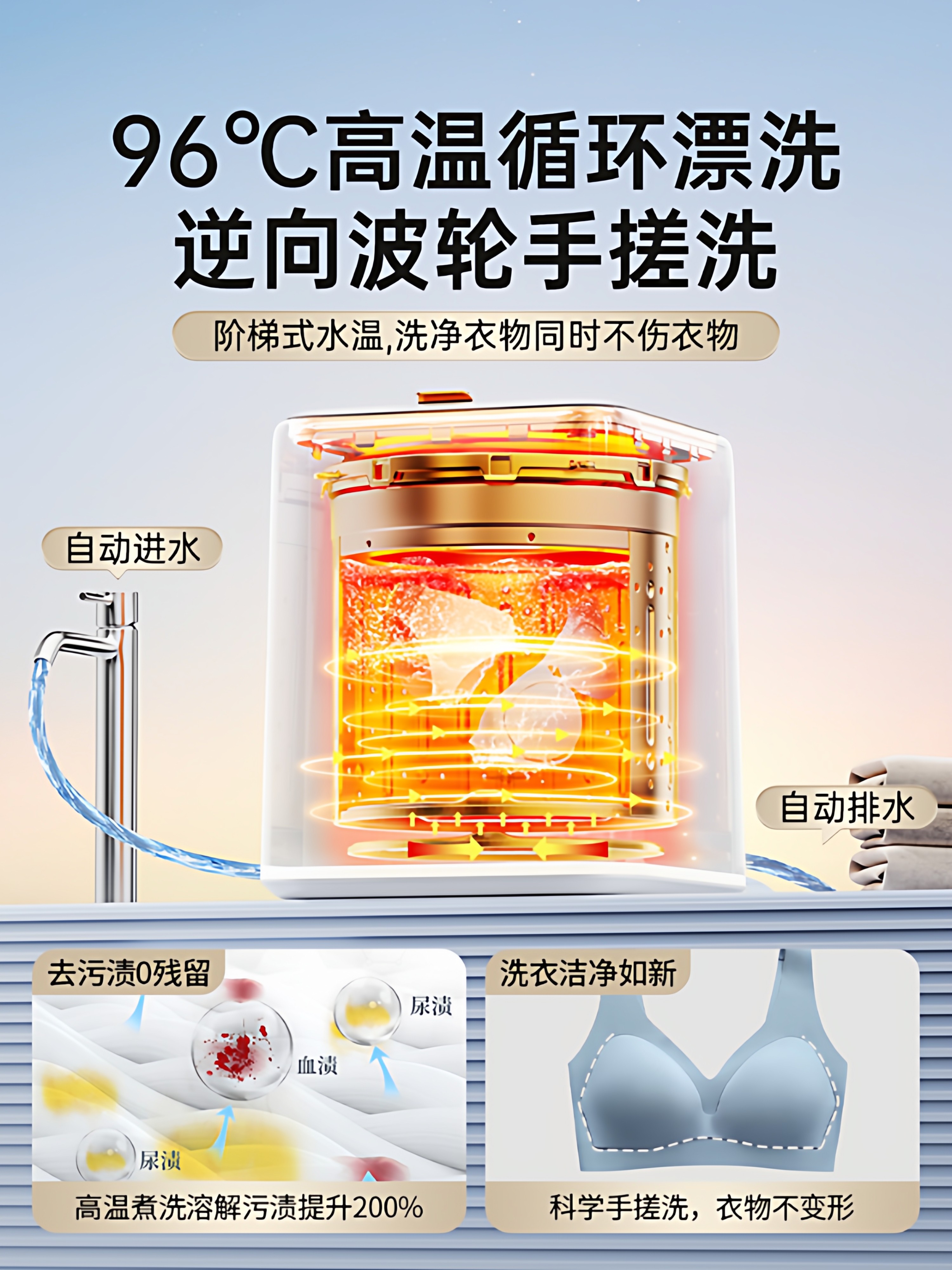 Mini Underwear Washing Machine, Small Underwear Cleaning Machine, Fully Automatic Washing, Drying and Sterilizing Machine with High Temperature Sterilization, Sock Washing Machine