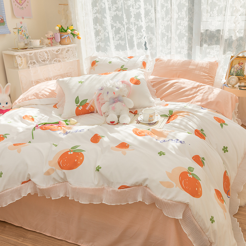 Orange orange pistachio Han style teenage girl hearts lace with water washed cotton four pieces of small frescoed student three sets of bed linen