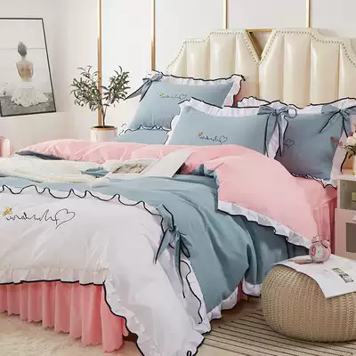 Korean ins Net Red Girl bow knot bed skirt four-piece wash cotton super soft solid color lace princess powder bed sheet 3