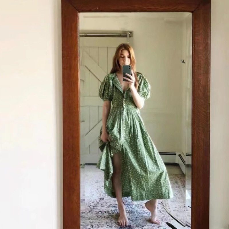 do*EN Green floral puffy sleeve dress | eBay