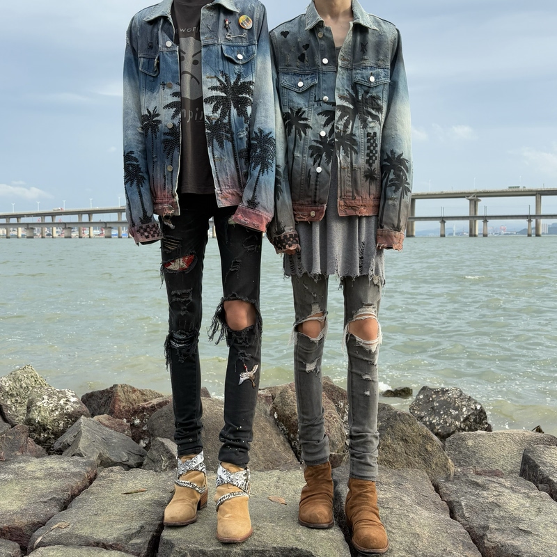 Chengjia Original 18Ss Coconut Tree Denim Jacket with Gradient Print High Street European and American Style Outerwear High Version