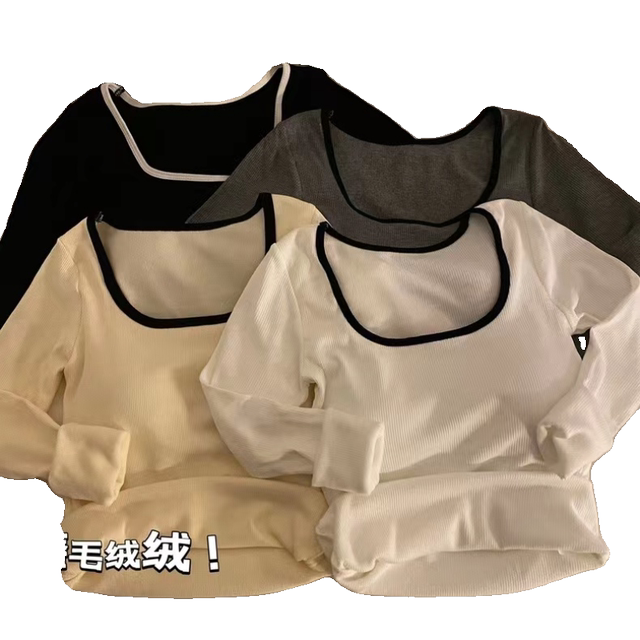 U-neck thickened velvet T-shirt women's winter slim fit