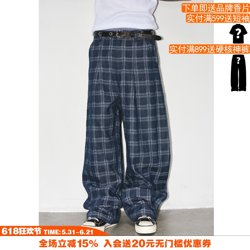 Novacam American Retro Plaid Wide-Leg Casual Pants Baggy Lazy Commuter Scimitar Jeans Novacam American Retro Plaid Wide-Leg Casual Pants Baggy Lazy Commuter Scimitar Jeans