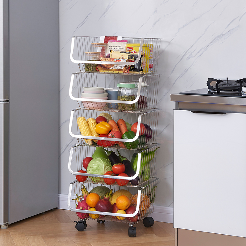 Stainless steel vegetable basket storage rack Kitchen floor multi-layer mobile wheel storage rack Vegetable rack storage basket