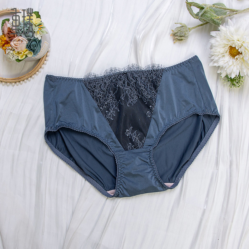 D61) Adjusting mid - waist thin air - breathable triangle pants with blue lace