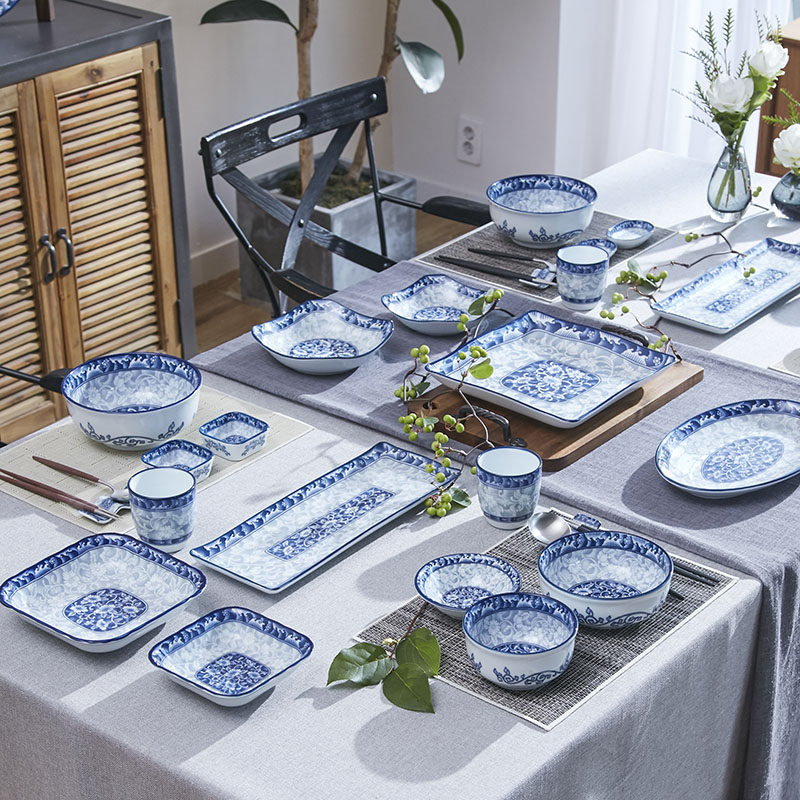 Sambo blue and white porcelain tableware set bowls and plates home combination light luxury housewarming tableware home tableware Chinese gift box