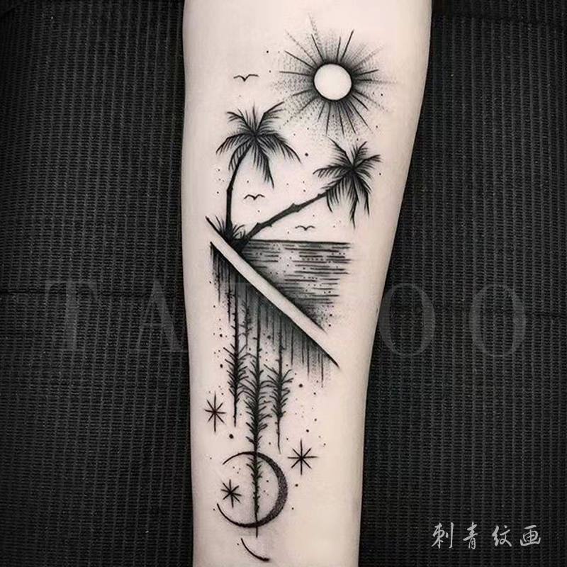 Tattoo stickers landscape couple day moon sun tattoo original black and white dot thorns realistic waterproof female lasting net red models - Taobao
