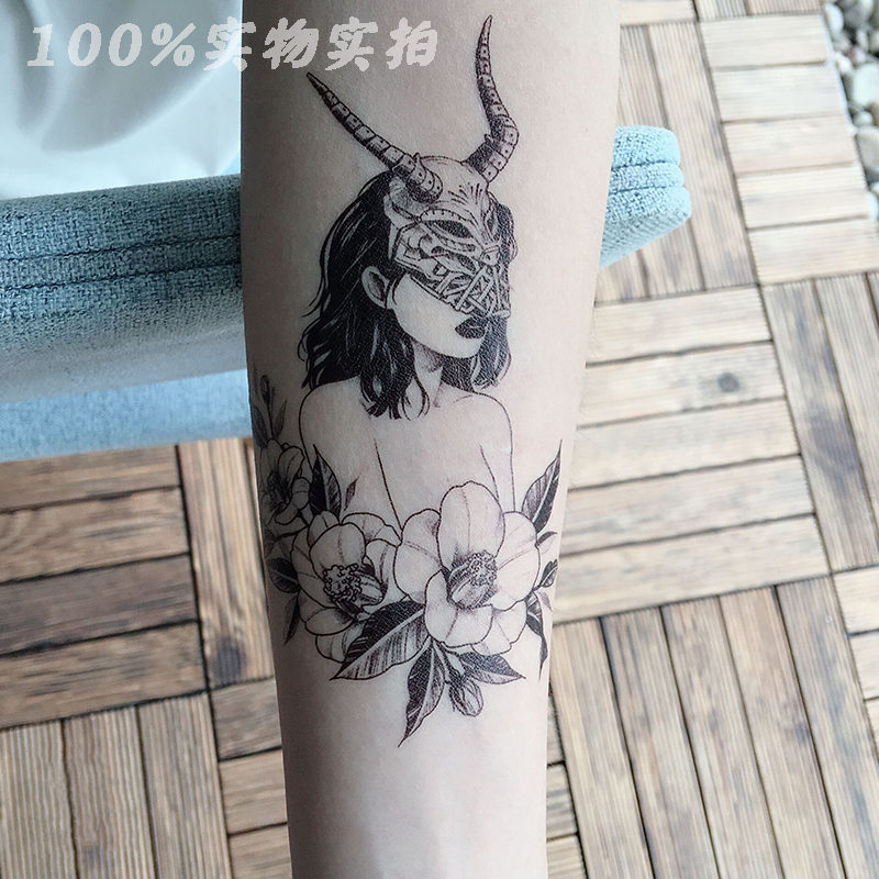 Tattoo stickers original tattoo black and white ins wind dark mask cow antlers girl small arm 2 net red new