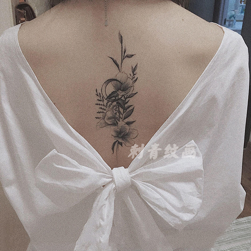 Tattoo stickers original black and white moon lily flower waterproof women's long-lasting dark series net red style back small fresh