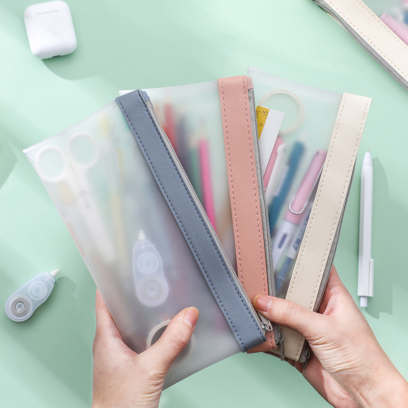 College entrance examination in exam frosted transparent pen bag female brief male large capacity Korean grid exam students use junior high school high school students small frescoed pencil bag lead pencil case stationery bag pencil case mesh red