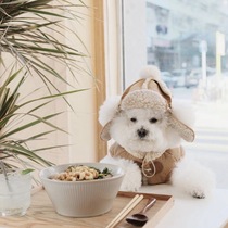 Korea ins fall winter plus suede warm windproof lamb wool pet hat kitty dog flying cap bib