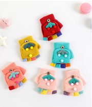 Strawberry girl Autumn and Winter Childrens wool warm flip gloves wool ball bag finger gloves boy half finger gloves