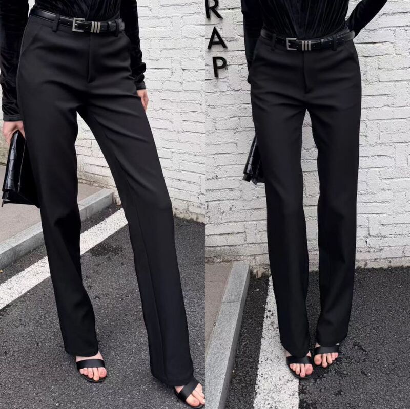 2026 Autumn New Fashionable Commuter Versatile Black Low-Waist Slimming Straight-Leg Non-Stretch Slim Fit Long Straight Trousers for Women