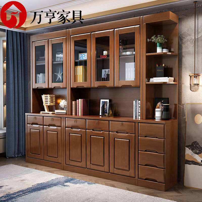 Solid wood bookcase with glass door bookshelf combination floor-to-ceiling 3-door 6-door storage cabinet three-door bookcase with door corner cabinet