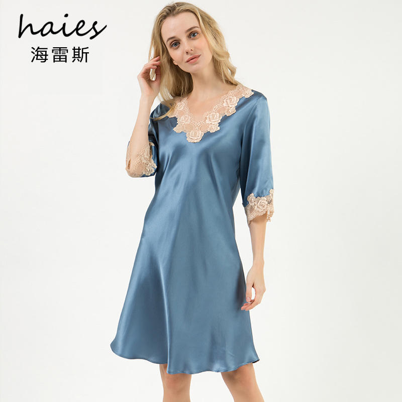 Hares True Silk Pyjamas Lady Summer Sexy Lace Short Sleeve Dress 100% Mulberry Silk House Conserved Spring Autumn Silk