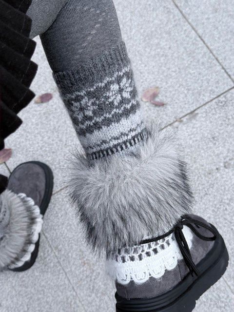Gray Fair Isle Wool Slouch Socks for Women, Autumn and Winter 2025 New Vintage Slimming Thickened Snow Boot Leg Warmers