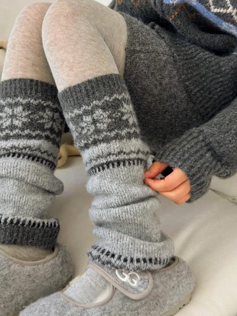 Gray Fair Isle Wool Slouch Socks for Women, Autumn and Winter 2025 New Vintage Slimming Thickened Snow Boot Leg Warmers