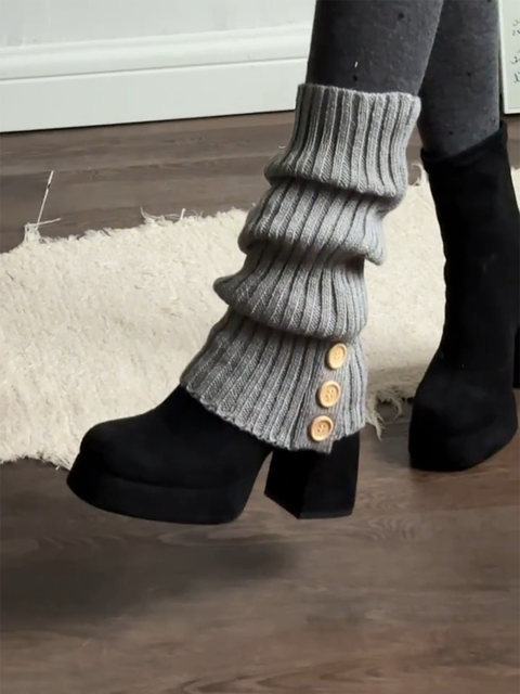 Gray Slouchy Socks for Women, Spring and Autumn, Knitted with Buttons, Vertical Stripes, Split Design, Warm Leg Warmers, Black Slimming Calf Socks for Winter