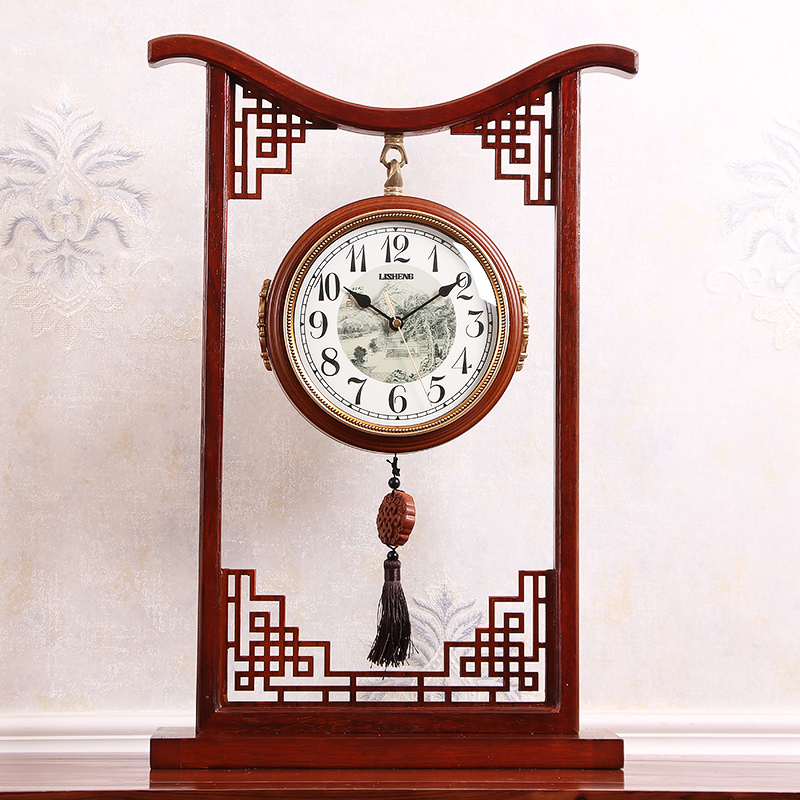 Large Chinese double-sided clock table clock living room retro solid wood ornaments clock mute desktop home creative table clock