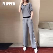  Wide-leg pants casual suit women 2021 new knitted ice silk fashionable short-sleeved slim slim quick-drying two-piece suit women