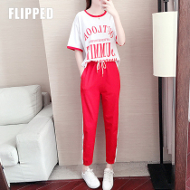  Casual fashion suit womens summer tide brand thin 2021 new loose contrast color short-sleeved all-match cropped pants two-piece suit