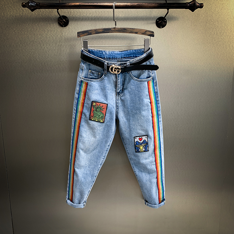 Collection Baby + Shopping Cart BeltEurope drill 2021 Academic atmosphere stripe Splicing Jeans female Sense of design Spring and summer Show thin High waist Ha Ninth pants tide