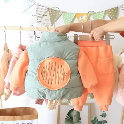 Baby girl set plus velvet thickened autumn and winter 2021 new children warm three-piece sportswear infant clothes