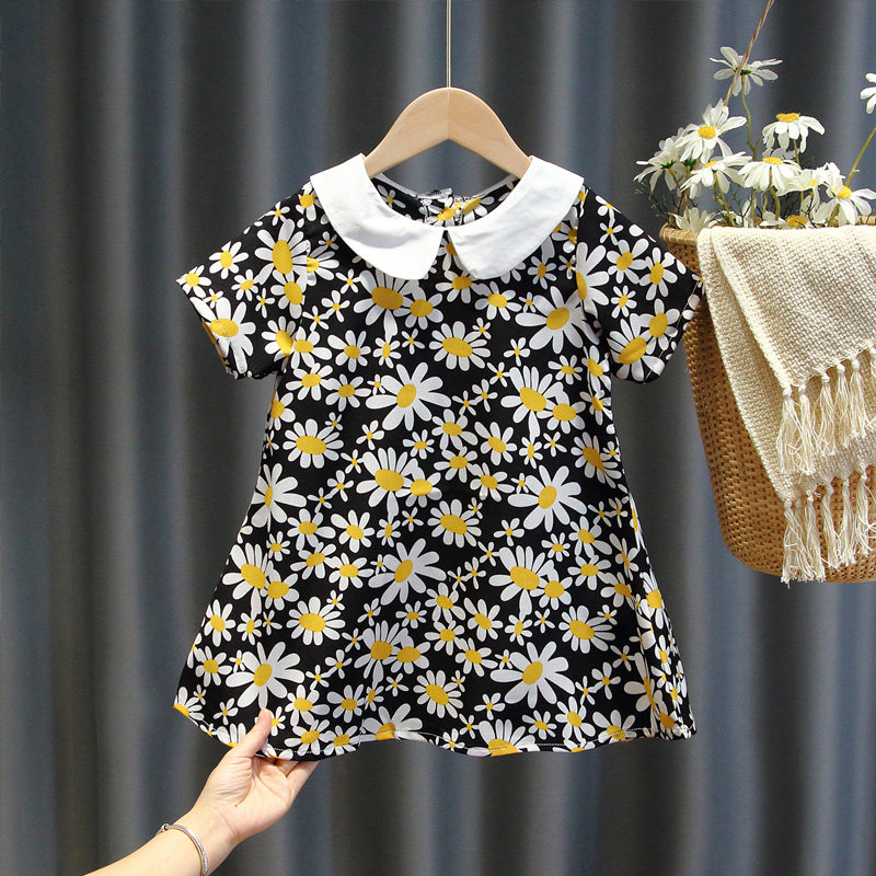 Girls Little Daisy Dress Summer Western Style Children's Doll Collar Chiffon Dress Summer Girl Baby Short Sleeve Princess Dress