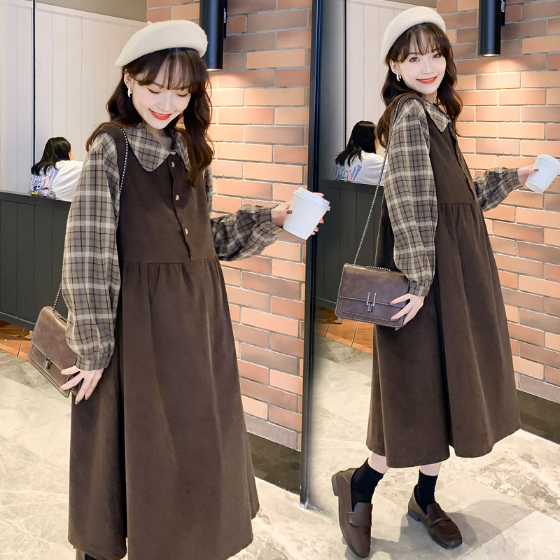 Pregnant Woman Autumn Winter Clothing Two Style Foreign Clothing Nets Red Suit Spring Autumn Beat Bottom Plaid Blouse Jacket Autumn Winter Vest Dress