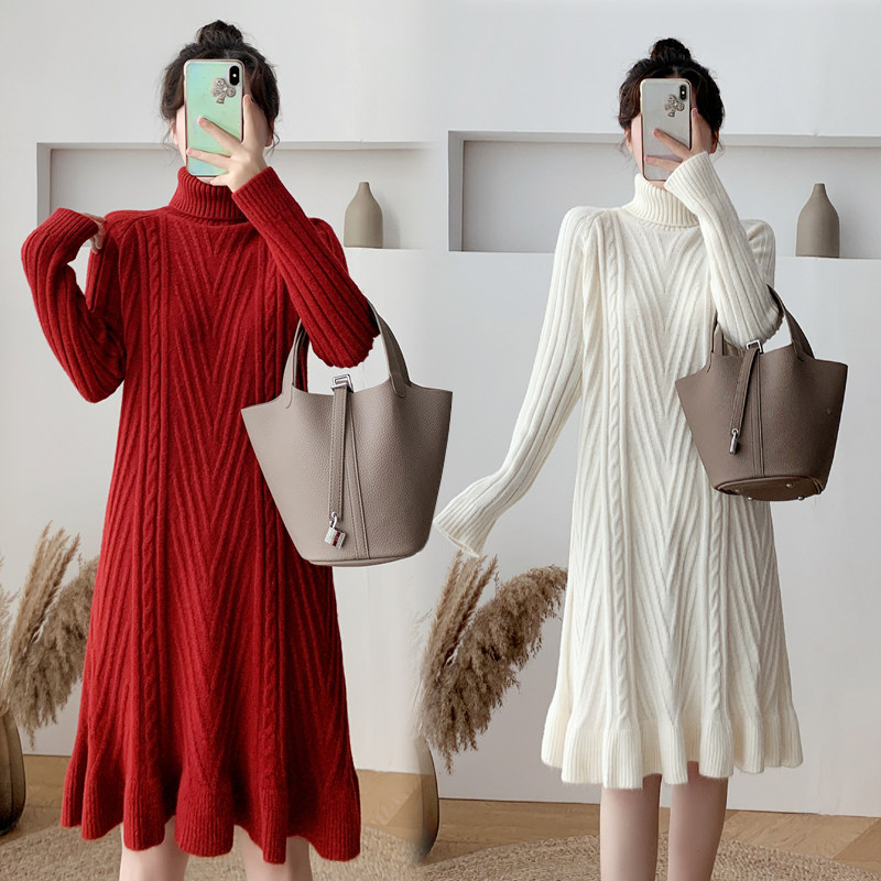 Maternity wear autumn clothes new solid color suit autumn and winter fashion turtleneck sweater mid-length version bottoming knitted dress