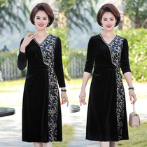 Middle-aged womens autumn mothers new long-sleeved dress Western-style age reduction and thin middle-aged and elderly womens long skirt
