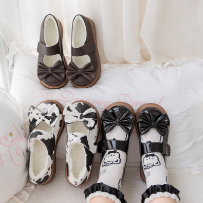 taobao agent Add velvet QQ sugar cheese, Mangomang Story Biscuit Bakery Big Head shoes Winter cute lolita versatile bow