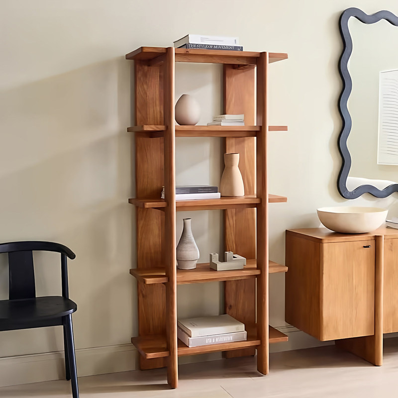 Medieval-Style Solid Wood Living Room Floor-Standing Bookshelf, Natural Wood Bookcase, Nordic High-End Open-Style Office Storage Rack, Display Shelf