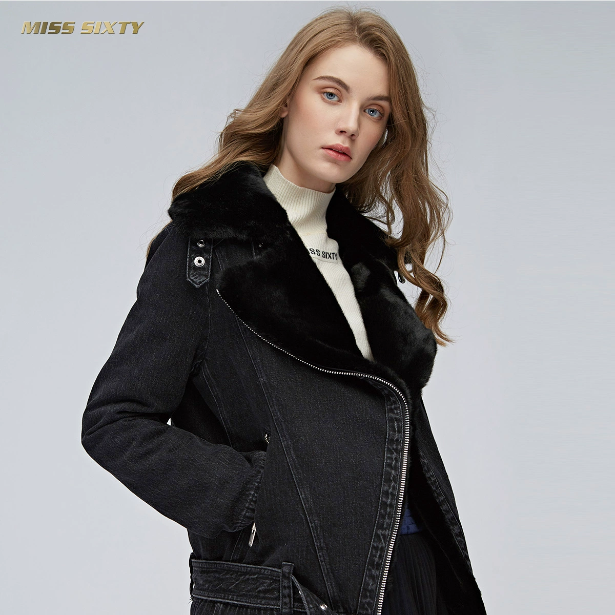 Miss Sixty mùa đông ve áo dày lông màu xanh lá cây lót denim áo khoác phụ nữ - Faux Fur