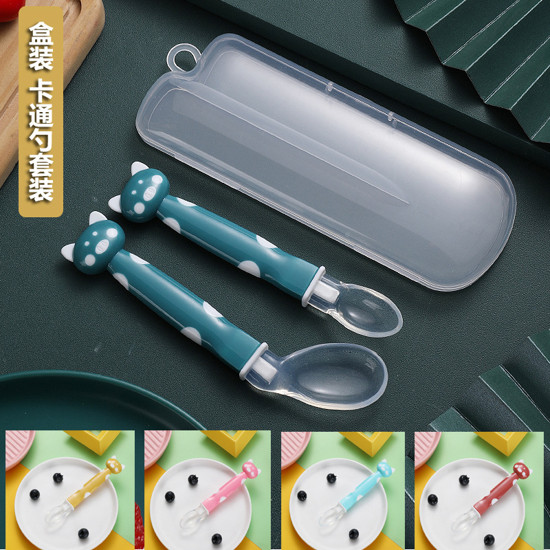 Baby cartoon spoon set silicone soft head spoon elbow spoon combination set baby tableware pp box