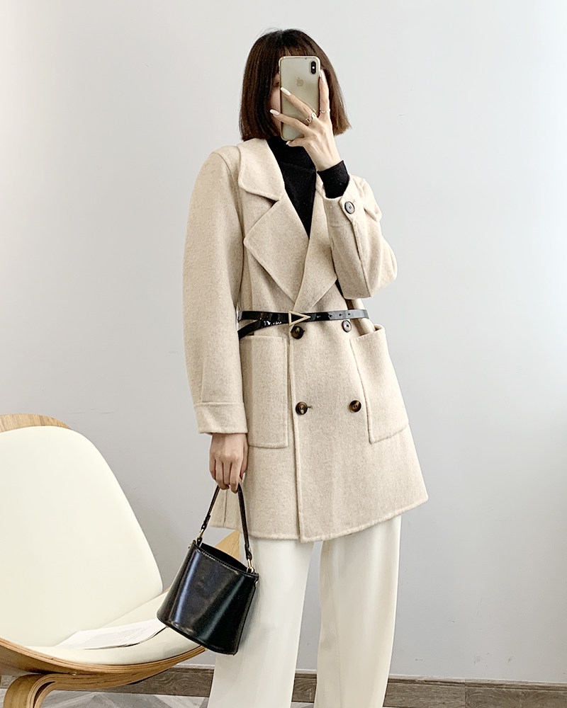 GHDVW094 Ah Shen key wool material lapel waist tie lapel is thin woolen coat women