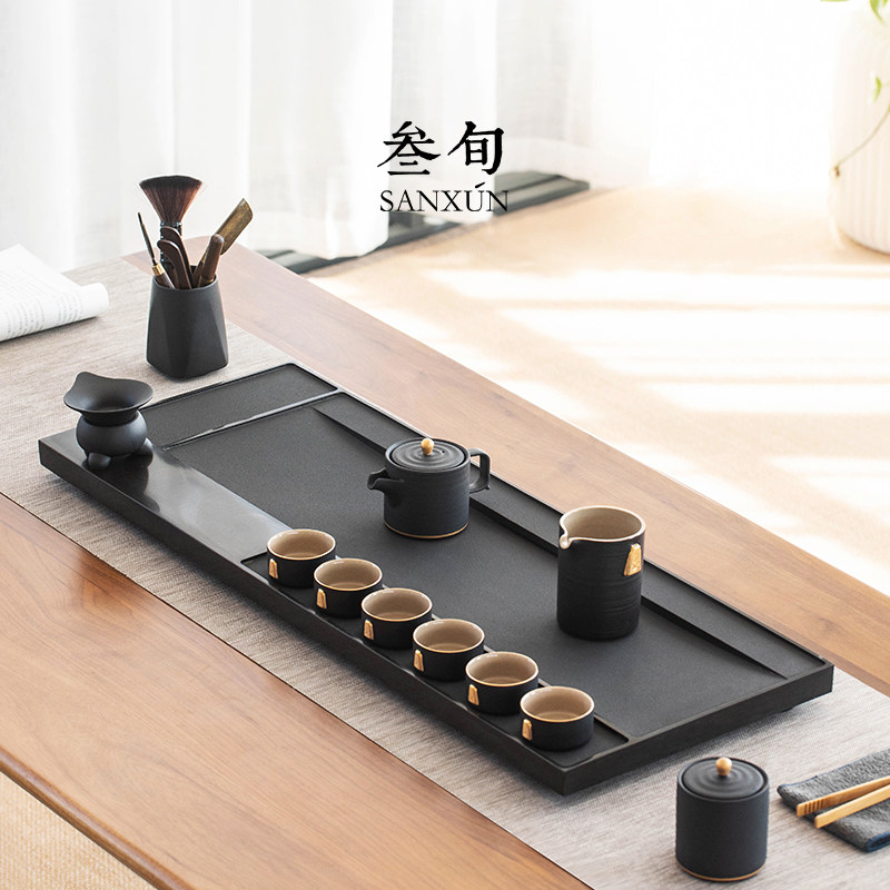 Three-day black gold stone tea tray tea set household light luxury kung fu tea set complete set of office reception tea tray high-end