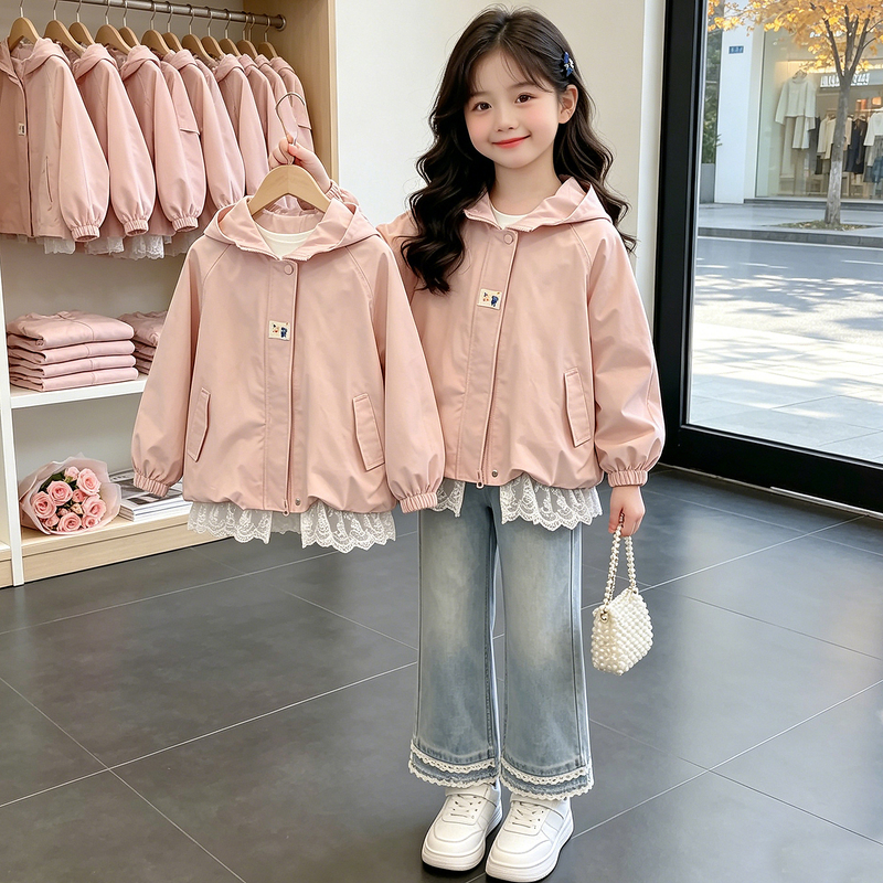 Girls' Autumn Jacket 2026 New Korean Style Children's Hooded Lace-Trimmed Jacket Sweet Top for Spring and Autumn