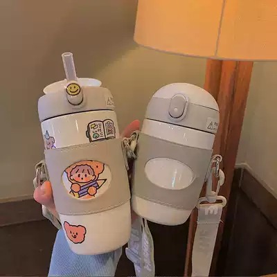 Cute simple stainless steel with cup set thermos cup female student straws water Cup children portable small cute Cup