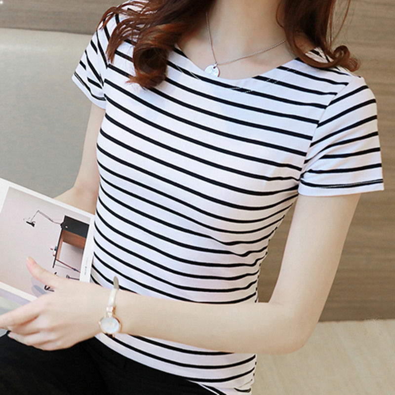 Short-sleeved women's summer new Korean version black and white striped short-sleeved t-shirt women's round neck all-match self-cultivation bottoming top women