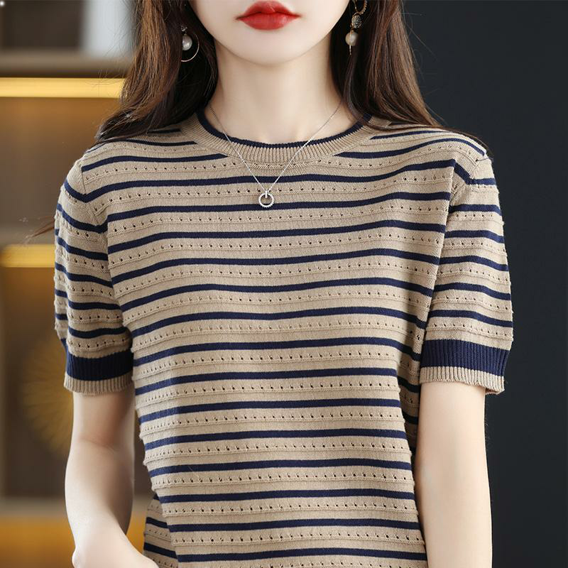 Ice silk short-sleeved T-shirt women's summer Korean version of the new color-blocking stripe hollow round neck loose all-match sweater women's thin section