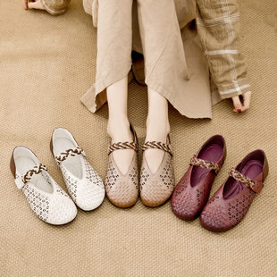 Чалма мама сандалии натуральная кожа мягкое дно ретро в пожилых обувь женская лето уютный пирсинг отверстие обувь Женская крутая кожаная обувь