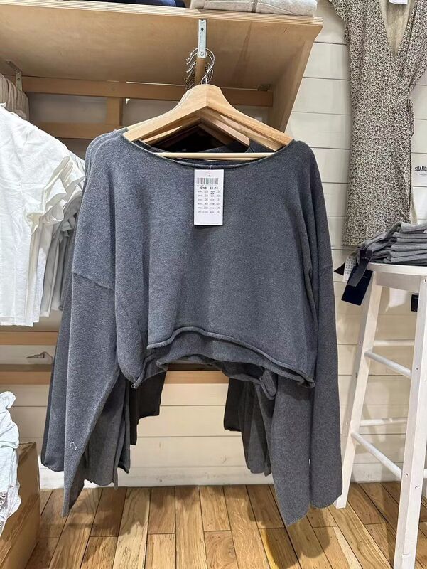 Bm Shanghai Discount Store New Model Prince Wen Same Style Rolled Edge Knit Sweater Bm Long-Sleeve Loose Pullover Base Shirt for Women