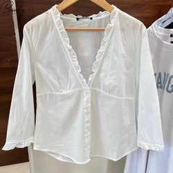 Bm New American Retro Ruffled V-Neck Button-Up Loose Shirt for Women, Three-Quarter Sleeve Lace Blouse, Long-Sleeve Summer Shirt