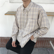 Summer Korean style CHIC long-sleeved plaid shirt mens retro ulzzang couple short-sleeved Hong Kong style casual loose top